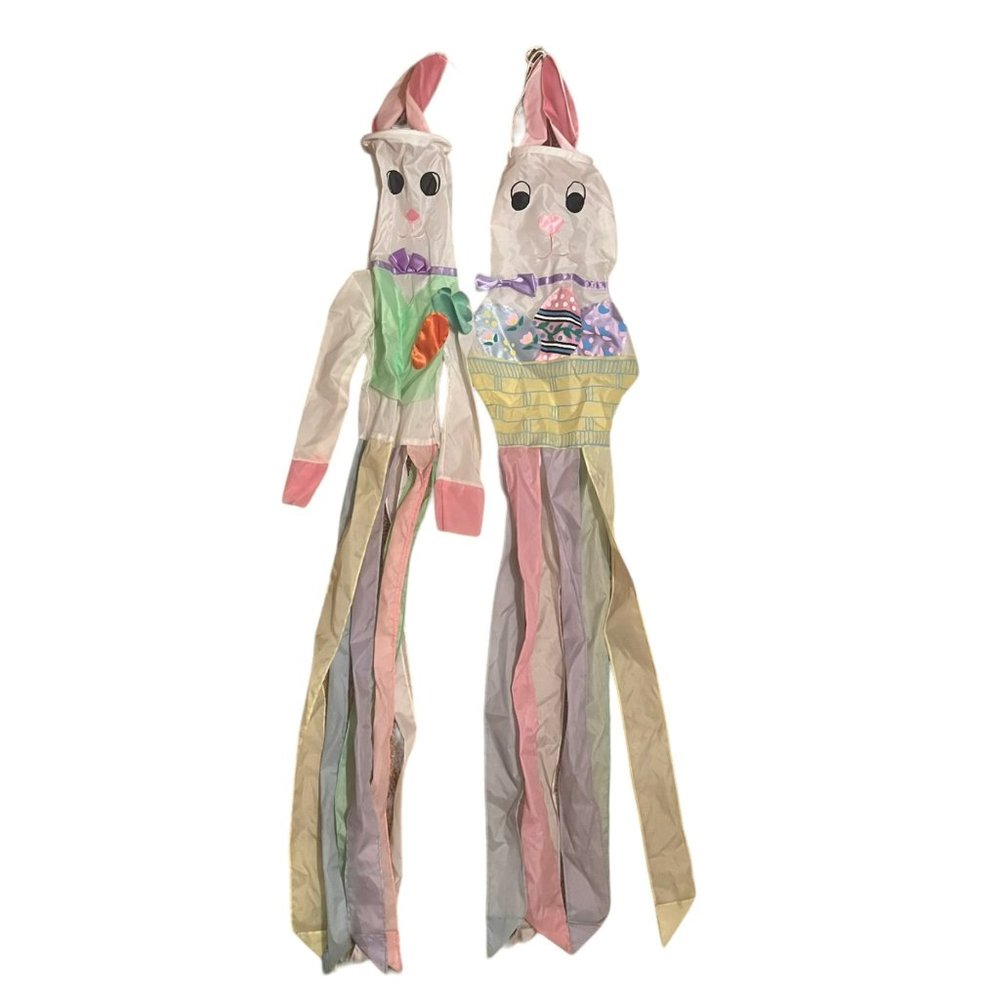 Pair Pastel Rainbow Vintage Easter Bunny Windsocks 1980s Boy Girl 60 in
